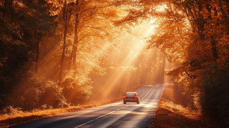A car driving down a winding road surrounded by vibrant autumn foliage and golden sunlightの素材
