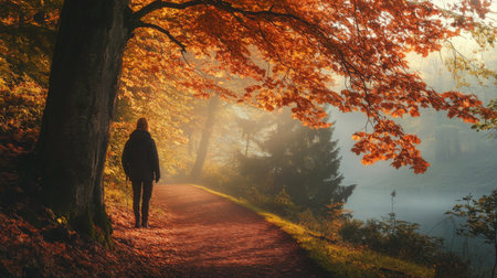 A solitary stroll through vibrant autumn foliage by a tranquil lakeside path at dawnの素材