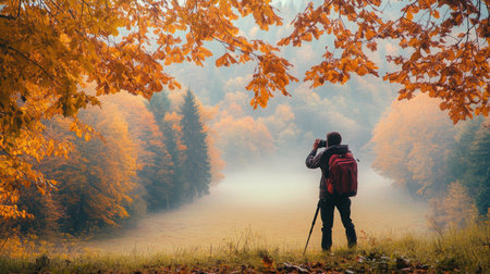 A hiker captures the beauty of autumn foliage in a misty forest landscape at dawnの素材