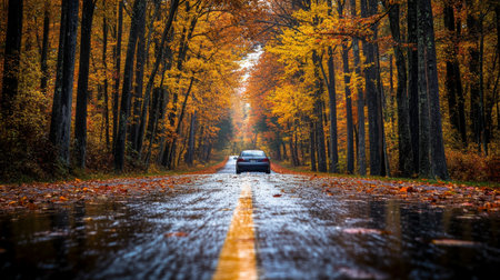 A car drives down a wet road lined with fall foliageの素材