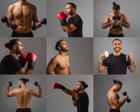 Man showcasing strength training and boxing techniques in a studio settingの写真素材