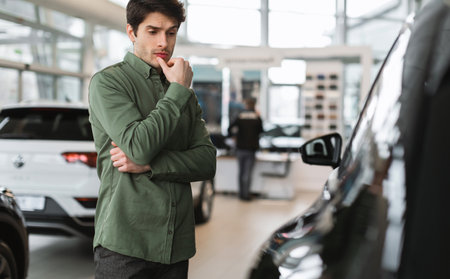 Pensive young guy thinking, making choice, having doubt about buying new car at dealership centre, copy spaceの写真素材
