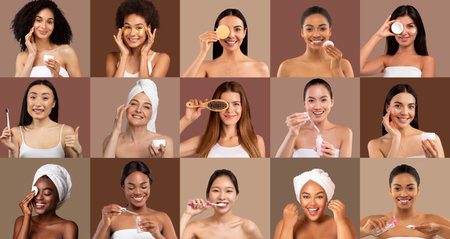 Women showcasing skincare routines in a bright and cheerful settingの写真素材