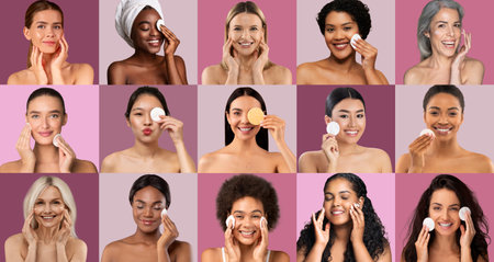Diverse women enjoying skincare routines in a vibrant, colorful settingの写真素材