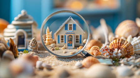 Miniature seaside house surrounded by seashells and sand in a tranquil settingの素材