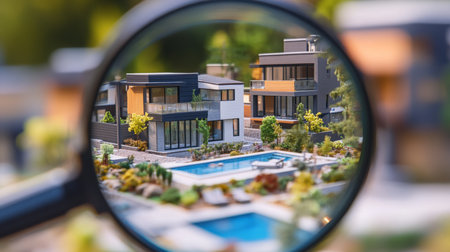 A model of a neighborhood with pools is seen through a magnifying glassの素材