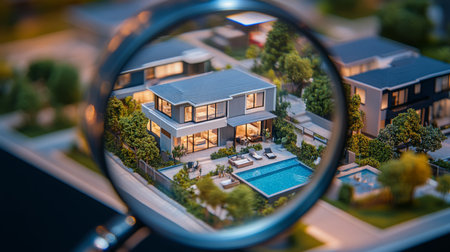A model home with a pool seen through a magnifying glass in an architectural displayの素材
