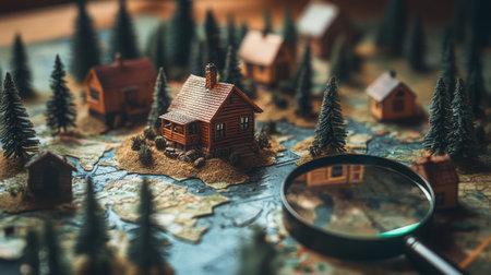 A detailed miniature model of forest landscape with cabins and magnifying glass in focusの素材