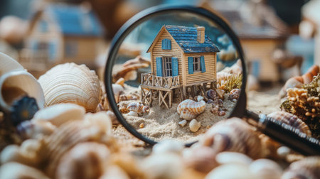 A miniature beach house surrounded by seashells highlights creativity at a coastal settingの素材