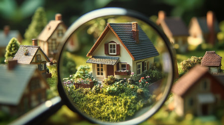 Magnifying glass reveals a detailed miniature house in a vibrant garden settingの素材