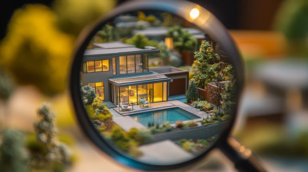 A magnifying glass focuses on a model home with a poolの素材