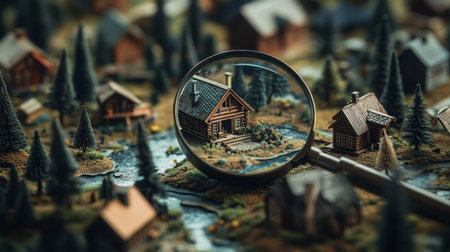 A detailed miniature village scene with a magnifying glass revealing a cozy wooden cabinの素材