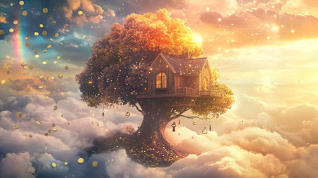 A whimsical treehouse surrounded by clouds during vibrant sunset in a dreamlike landscapeの素材