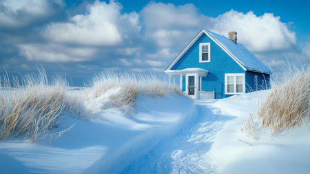 Snow-covered blue house nestled among tall grasses under a bright winter skyの素材