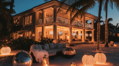 A large, beautifully decorated house is lit up for the holidays at nightの素材