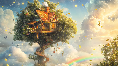 A whimsical treehouse surrounded by colorful clouds and a rainbow during a vibrant sunsetの素材