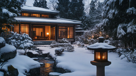 A tranquil Japanese garden illuminated by a lantern at dusk during a snowy winter eveningの素材