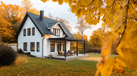 A modern white house stands peacefully in an autumn landscape, surrounded by golden leavesの素材