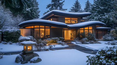 A beautifully designed modern home surrounded by snow-covered trees on a winter eveningの素材