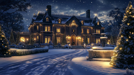 A beautifully decorated mansion in a snowy landscape during a festive winter nightの素材