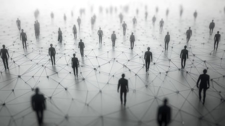 Silhouetted figures connected by lines in an abstract network representing unity and communication in a digital landscape. Generative AIの素材