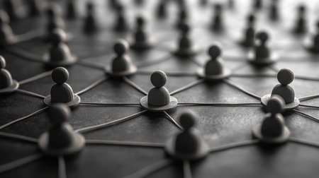 A network of interconnected figures representing social connections and relationships on a dark background. Generative AIの素材
