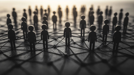 Silhouettes of diverse figures connecting on a network grid, symbolizing teamwork and collaboration in a modern setting. Generative AIの素材