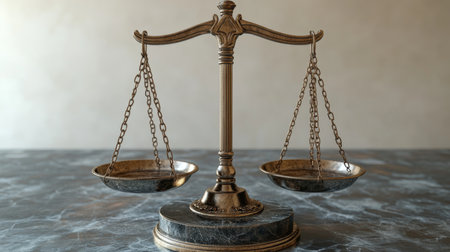 A vintage silver balance scale on a marble surface contrasting the elegance of legal symbolism in a serene indoor setting. Generative AIの素材