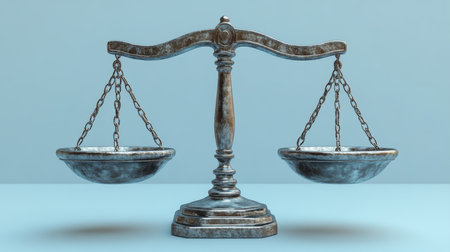 A balanced antique scale showcasing the concept of justice on a plain background in a modern setting. Generative AIの素材