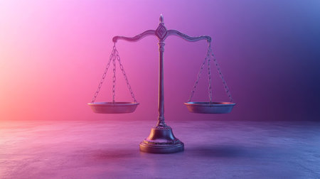 Balanced scales symbolizing justice, equality, and fairness against a gradient background at dusk. Generative AIの素材