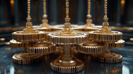 Intricate golden gears interlocking in a detailed machinery arrangement showcasing exquisite craftsmanship in a modern setting. Generative AIの素材