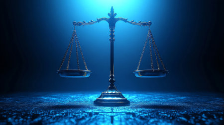 A golden scale of justice illuminated by soft blue light against a dark background, symbolizing fairness and balance in law. Generative AIの素材