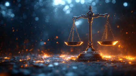 A glowing balance scale stands amidst a backdrop of fiery embers and soft blue hues, evoking themes of justice and balance. Generative AIの素材