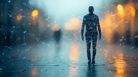 A solitary figure walks through a foggy urban street illuminated by glowing lights in the evening, capturing a moment of introspection. Generative AIの素材