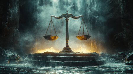 A dramatic depiction of the scales of justice illuminated by fire in a mystical cave setting, creating a powerful atmosphere of balance. Generative AIの素材