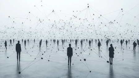 People standing amidst a web of connections in a vast, minimalist space during a conceptual exploration of networks. Generative AIの素材