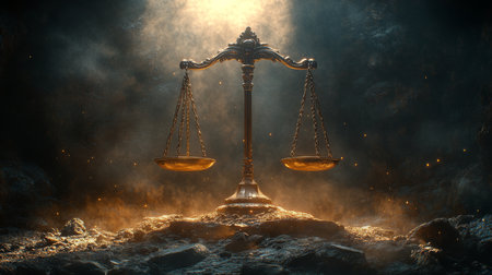 A symbolic representation of justice with a traditional balance scale illuminated by soft light in a dark, mystical environment. Generative AIの素材