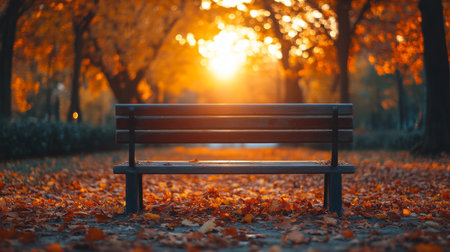 A solitary bench surrounded by vibrant autumn leaves at sunset in a tranquil park setting. Generative AIの素材