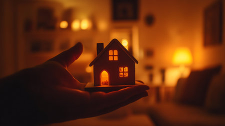 A glowing miniature house held in hand with warm lights in a cozy living room at nightの素材