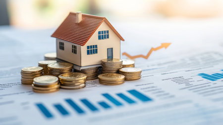A model house sits on stacks of coins with financial graphs indicating a rising trendの素材