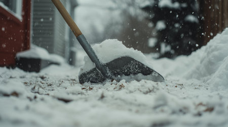 A shovel lies in the snow after clearing a walkwayの素材