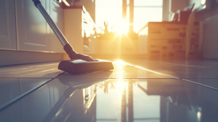 A person cleans the floor with a vacuum cleaner during sunrise in a cozy kitchen settingの素材