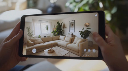 A person using a tablet to explore a cozy and bright living room filled with plantsの素材