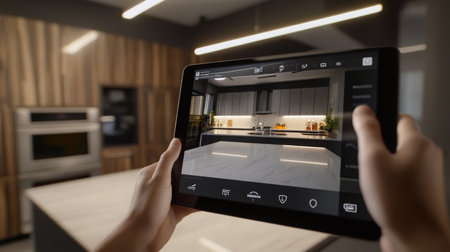 A person using a tablet to visualize kitchen designs in a modern interior spaceの素材
