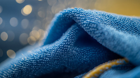 Close-up of a textured blue fabric with blurred bokeh background and warm lighting effectsの素材