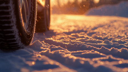 Snow-covered landscape with tire tracks during sunset in a winter wonderlandの素材