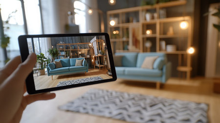 A person holding a tablet to capture a stylish living room with modern furniture and decorの素材