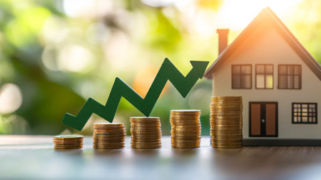 House model with rising coins and growth chart representing real estate investment successの素材