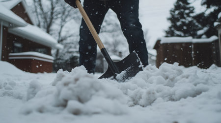 Person shoveling snow on a winter day in a residential neighborhood near trees and housesの素材