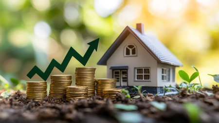 Growing real estate investment with coins and a house surrounded by fresh greeneryの素材